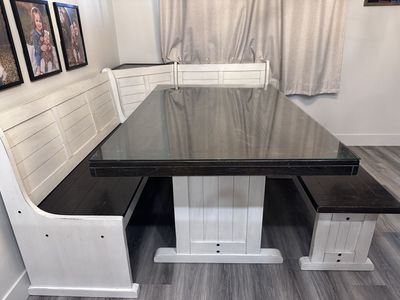 Corner Breakfast Nook Dining Table Set w/ Storage Benches - Rustic White & Dark Wood Finish, Glass Top