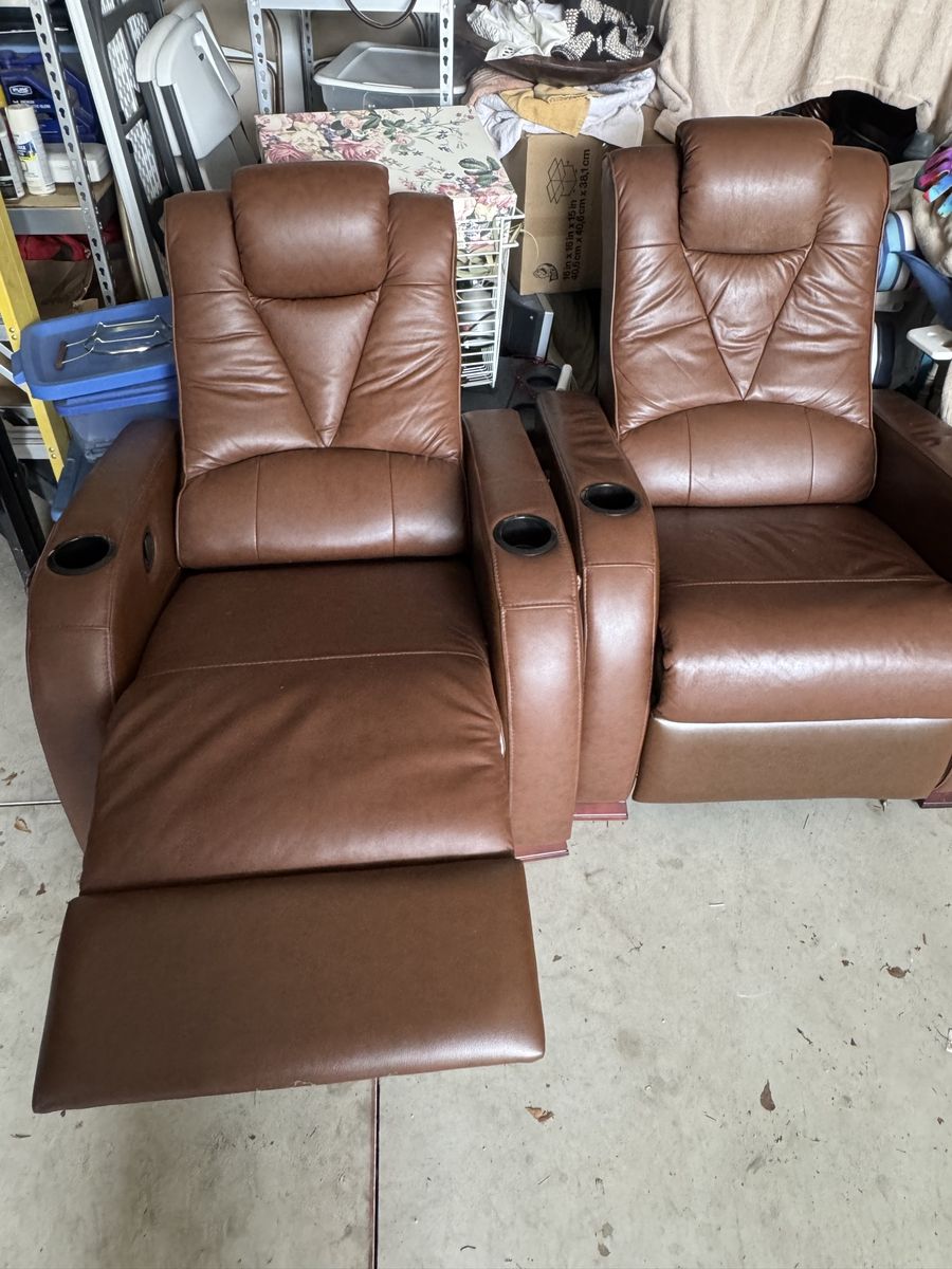 Brown Leather Reclining Theater Seats with Cup Holders - Used but in great condition 