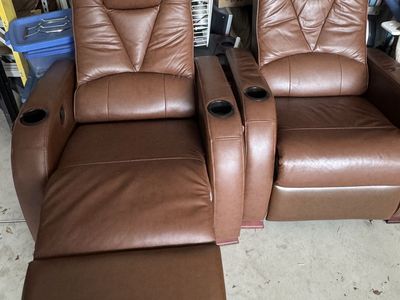 Brown Leather Reclining Theater Seats with Cup Holders - Used but in great condition