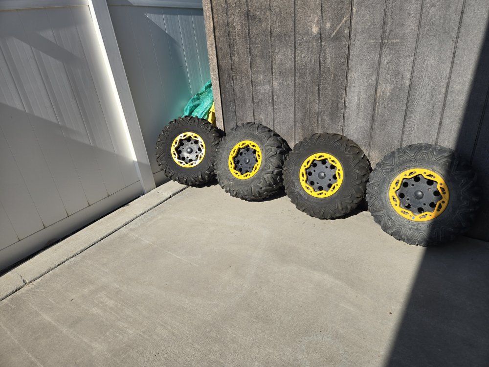 Maxxis Carnivore 27x9R12 & 27x11R12 UTV Tires with Yellow Beadlock Wheels - Set of 4