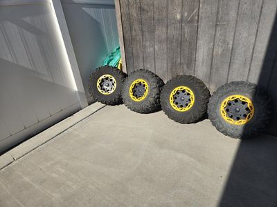Maxxis Carnivore 27x9R12 & 27x11R12 UTV Tires with Yellow Beadlock Wheels - Set of 4