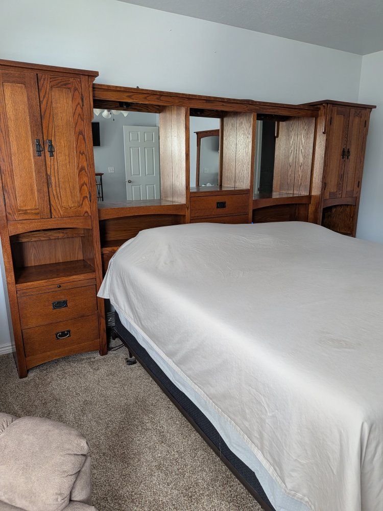 Solid Oak King Bedroom Set - Pier Headboard, Dresser with Mirror, and Tall Chest