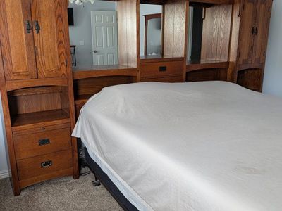 Solid Oak King Bedroom Set - Pier Headboard, Dresser with Mirror, and Tall Chest