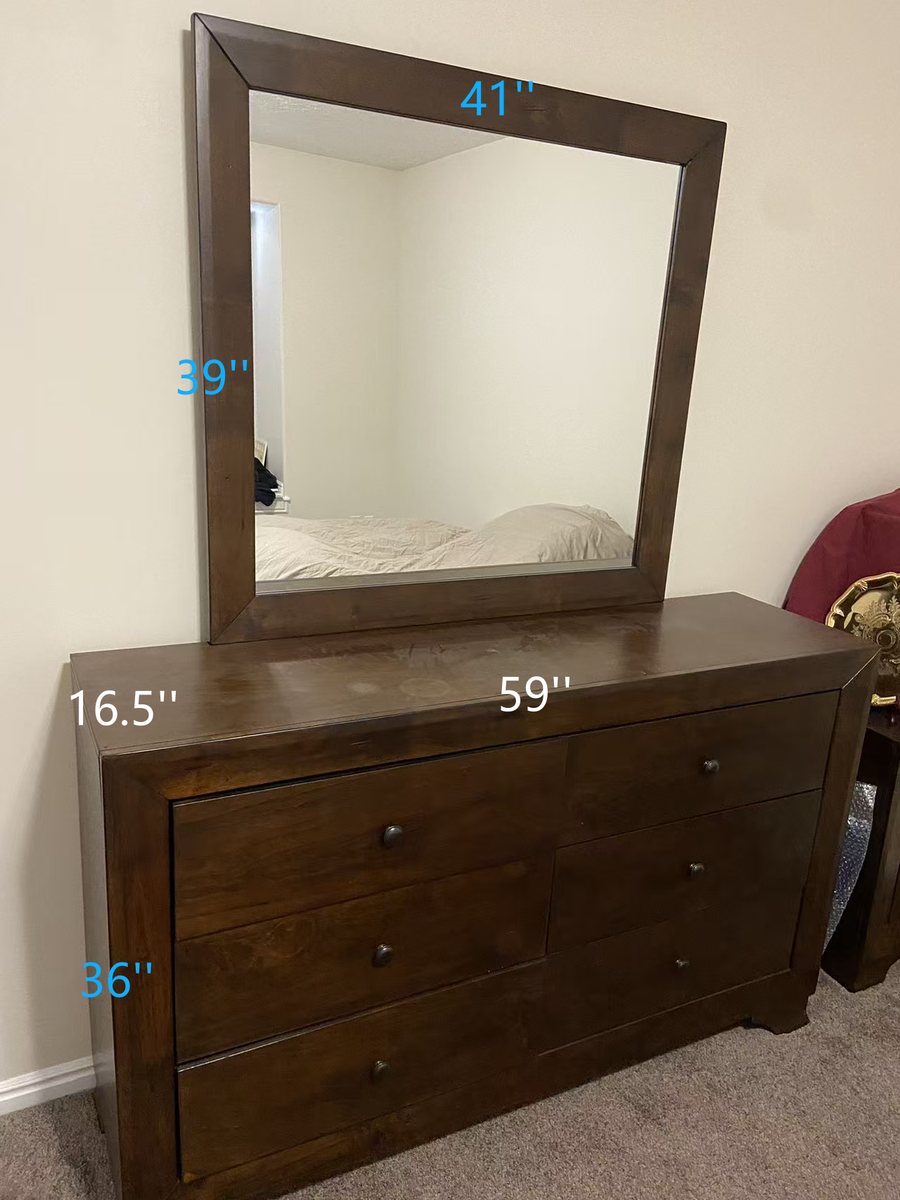 Dark Wood Dresser with Mirror  -- 6-Drawer Dresser and FREE lamp