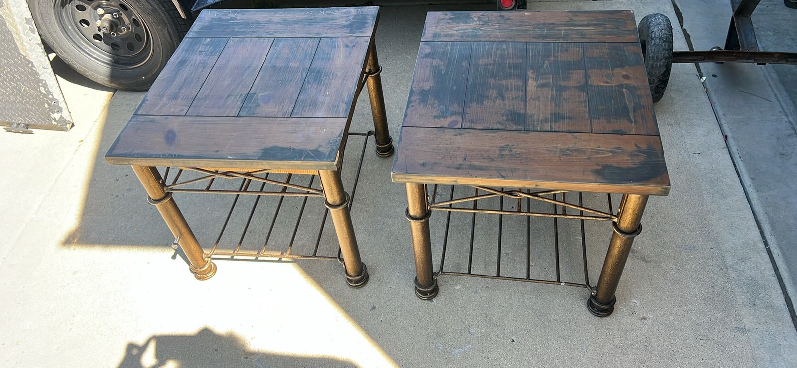Two-Tone Rustic End Tables - Pair of Wood & Metal Accent Tables