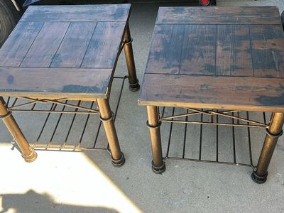 Two-Tone Rustic End Tables - Pair of Wood & Metal Accent Tables