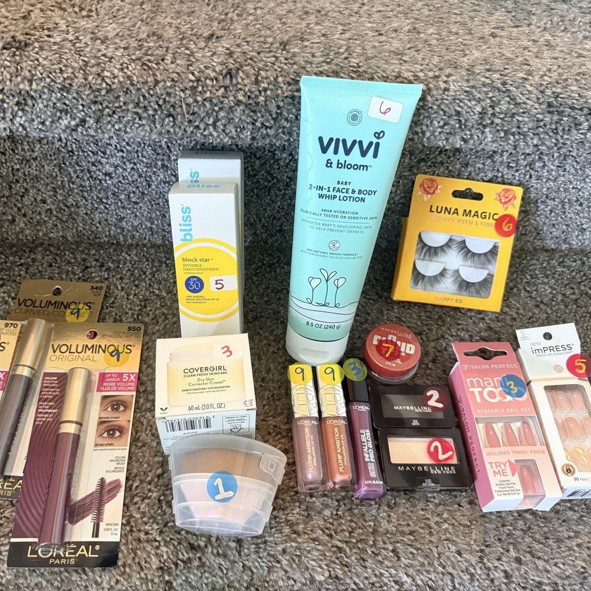 Cosmetics & Skincare: L'Oreal Mascara/Lip Oil, Bliss Sunscreen, Vivvi & Bloom Lotion, Maybelline, imPRESS nails and more