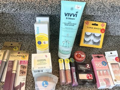 Cosmetics & Skincare: L'Oreal Mascara/Lip Oil, Bliss Sunscreen, Vivvi & Bloom Lotion, Maybelline, imPRESS nails and more