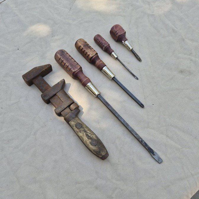 Vintage Hand Tools: Adjustable Wrench & 4 Piece Screwdriver Set with Wooden Handles