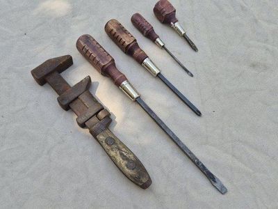 Vintage Hand Tools: Adjustable Wrench & 4 Piece Screwdriver Set with Wooden Handles