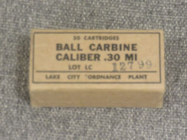 SEALED COLLECTOR (AND SHOOTABLE) BOX OF 50 ROUNDS OF MILITARY M1 CARBINE 110 GRAIN BALL AMMUNITION FROM THE LC PLANT