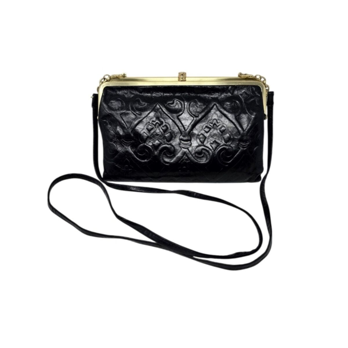 Hobo Leanne Black Embossed Tooled Leather Botanical Crossbody Clutch Bag - Excellent Condition