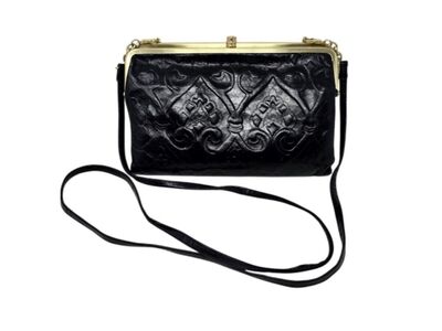 Hobo Leanne Black Embossed Tooled Leather Botanical Crossbody Clutch Bag - Excellent Condition