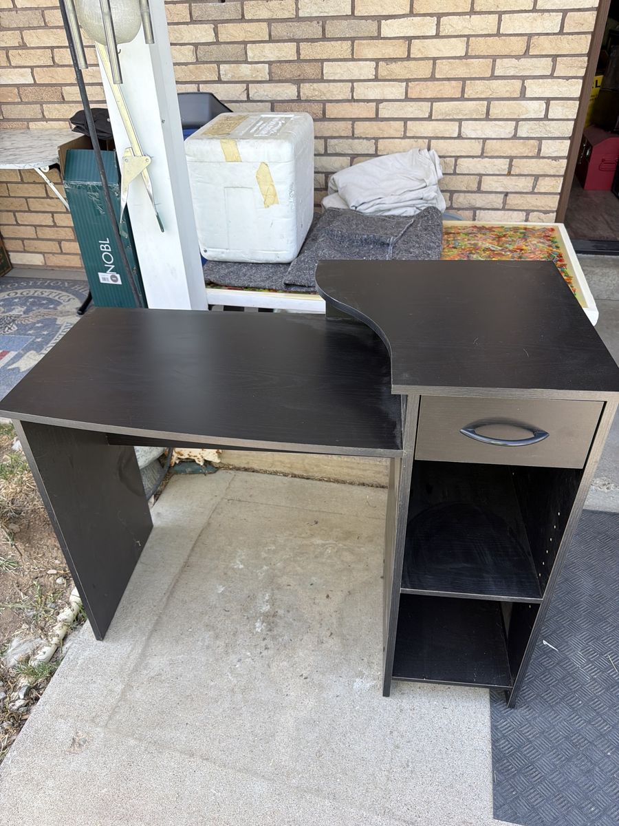 Black Corner Desk with Drawer and Shelves - Compact Home Office Furniture