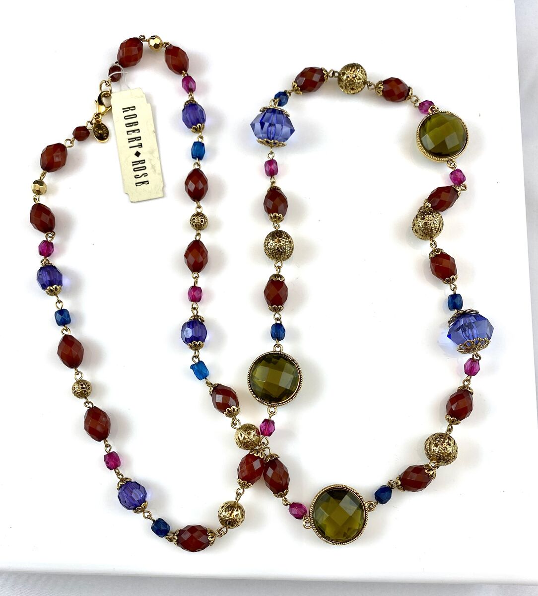 NEW - Designer Robert Rose - Long Jewel Color Beads w/ Gold Accents - Tagged @ $32 - See Photos