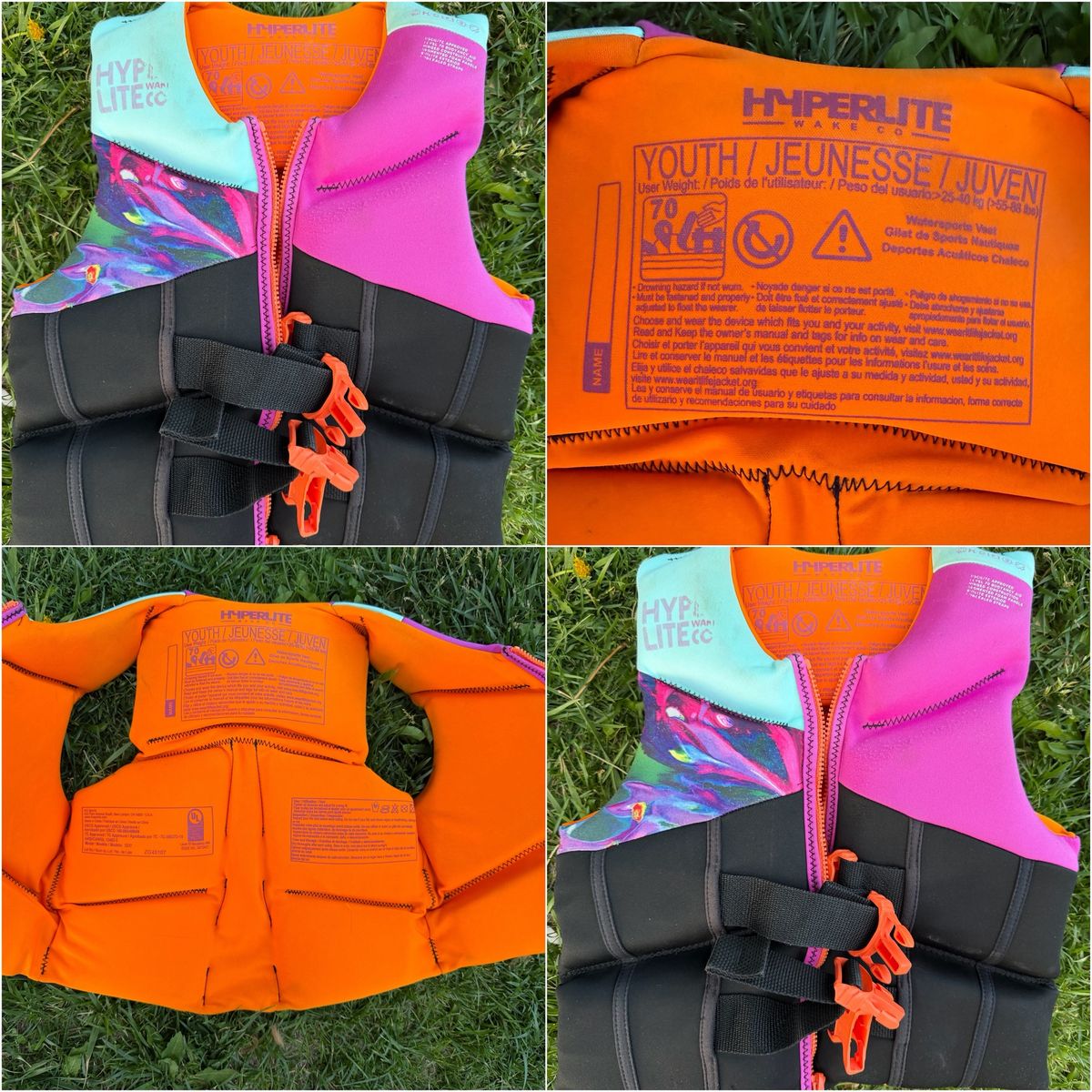 Hyperlite Wake Co. Youth Life Vest, Pink/Aqua/Black, 55-88 lbs, USCG Approved Watersports Vest