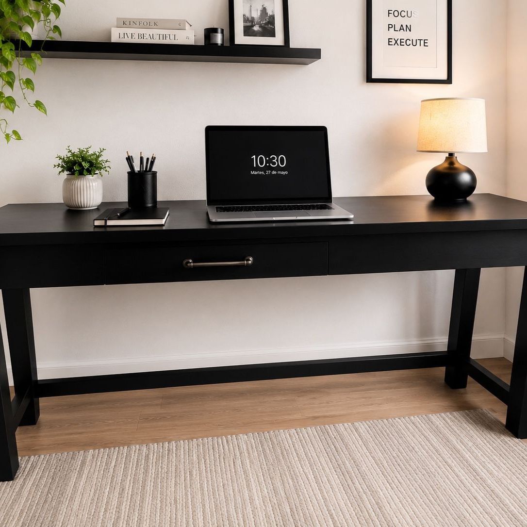 Spacious Black Wooden Desk with Built-in Outlets & USB Ports - Modern Home Office Furniture