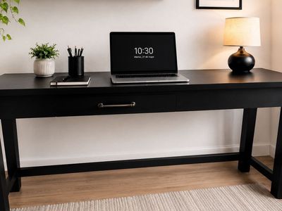 Spacious Black Wooden Desk with Built-in Outlets & USB Ports - Modern Home Office Furniture