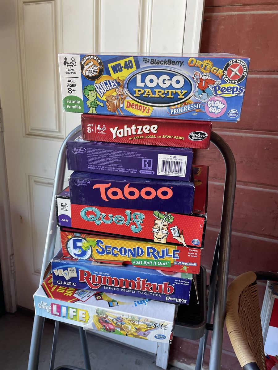 Family Board Game Lot: Logo Party, Yahtzee, Taboo, Quelf, 5 Second Rule, Rummikub, Game of Life
