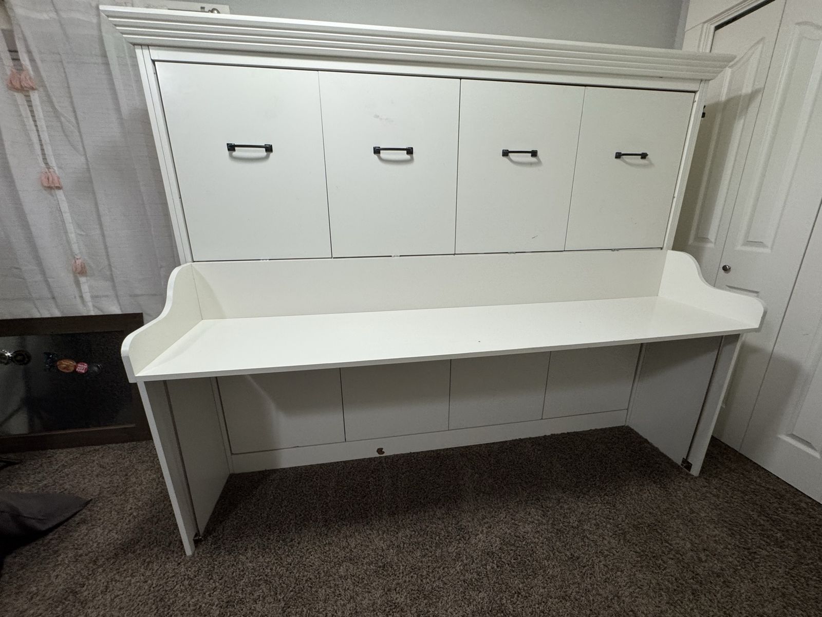 White Wall-Mounted Fold-Down Desk / Murphy Bed with Storage - Space Saving Furniture