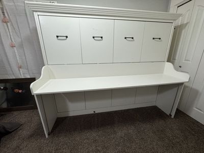 White Wall-Mounted Fold-Down Desk / Murphy Bed with Storage - Space Saving Furniture