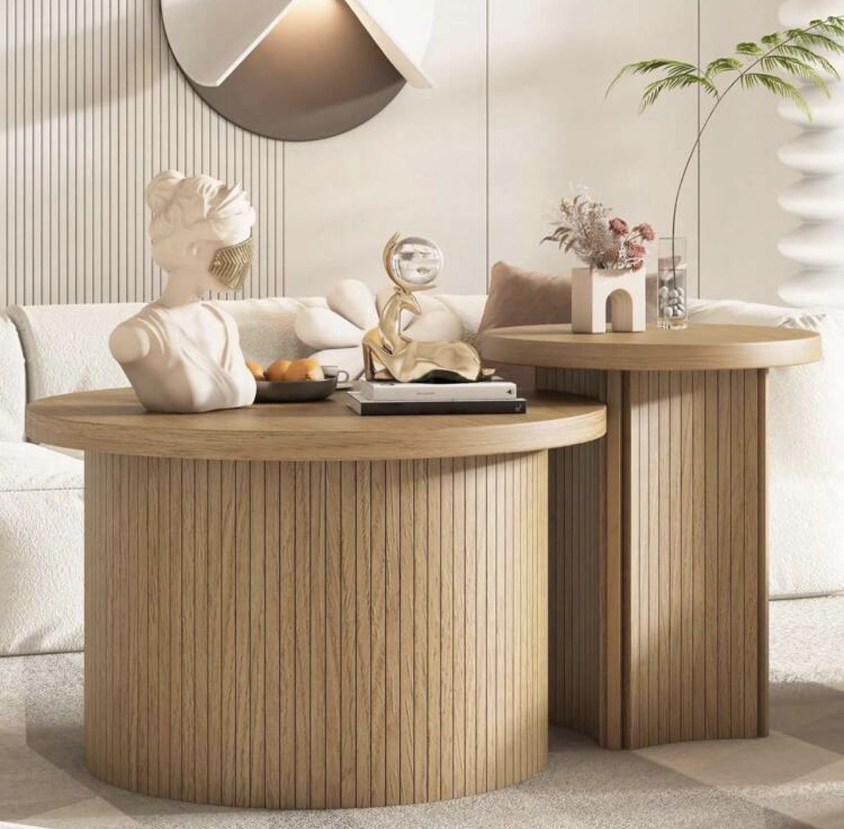 Modern Nesting Coffee Table Set - Round Wood Grain Living Room Tables, Scratch & Splash Resistant