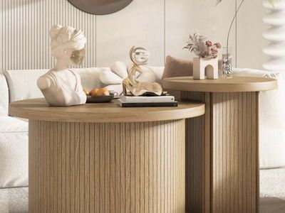Modern Nesting Coffee Table Set - Round Wood Grain Living Room Tables, Scratch & Splash Resistant