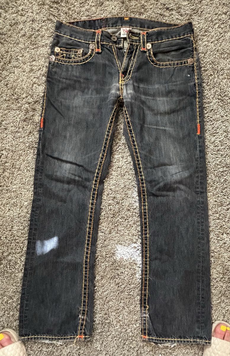 True Religion Billy Super T Jeans Men's Black Distressed Straight Leg Denim, Size 33x33
