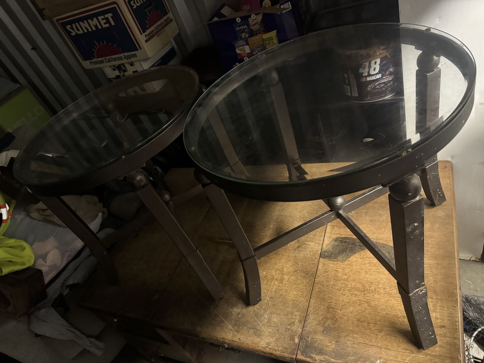 Set of 2 Round Metal and Glass End Tables / Side Tables - Dark Bronze Finish
