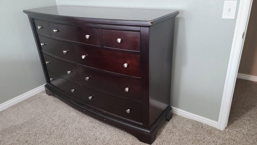 Dark Wood Dresser - 9 Drawer with Silver Knobs