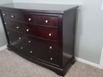 Dark Wood Dresser - 9 Drawer with Silver Knobs