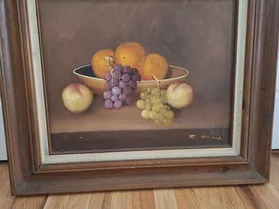 Vintage Framed Original Oil Painting – Fruit in Bowl. 28" X 24".