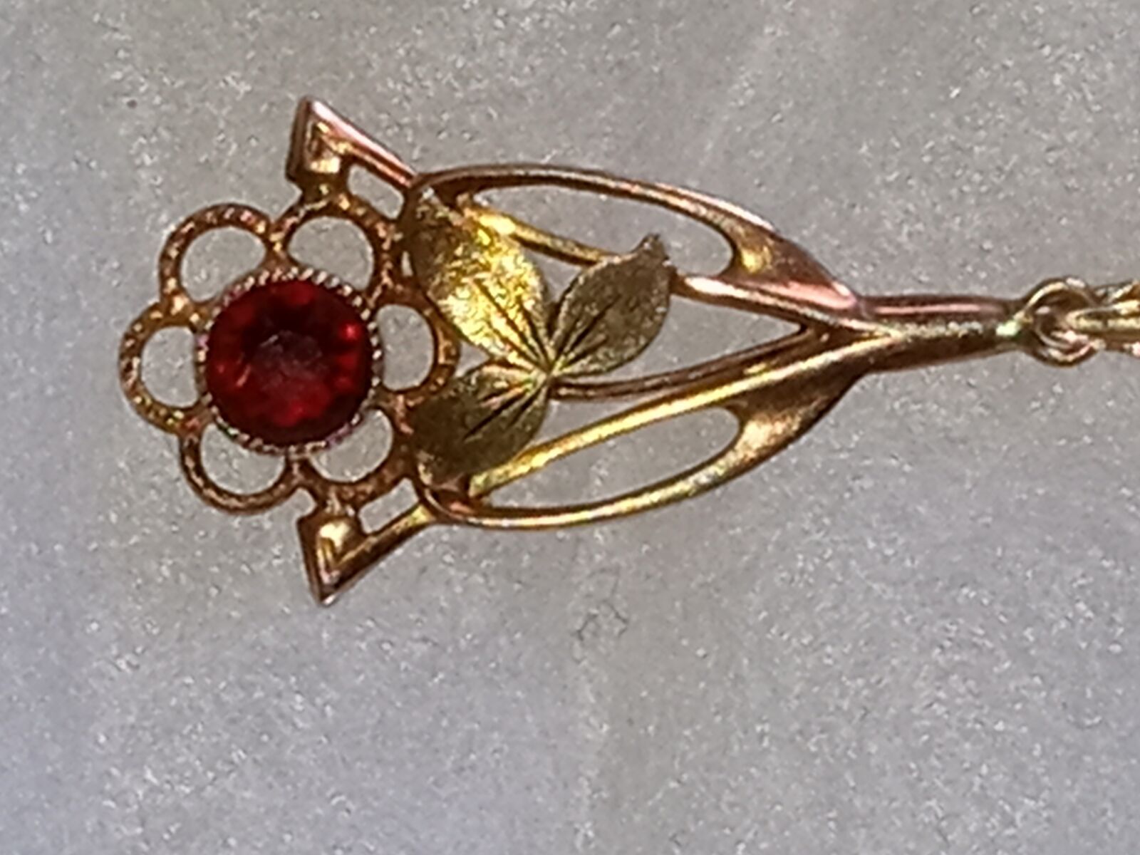 Antique art deco 10K gold and Ruby flower lavaliere pendant necklace