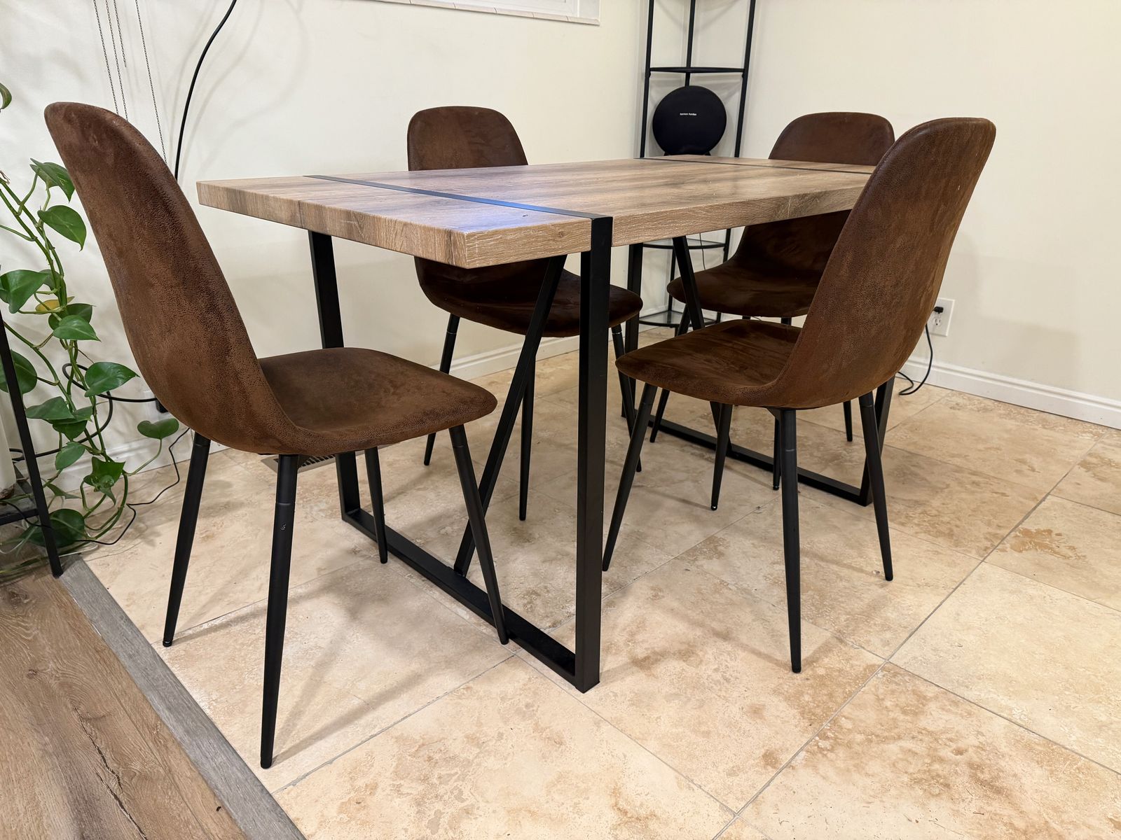 Modern Dining Table Set – Wood + Black Metal + 4 Chairs