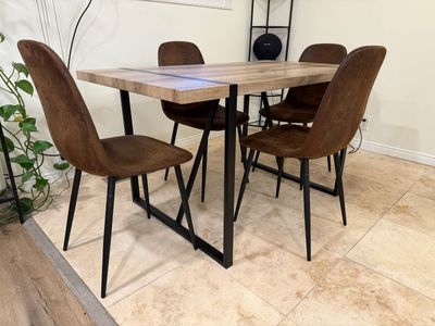 Modern Dining Table Set – Wood + Black Metal + 4 Chairs