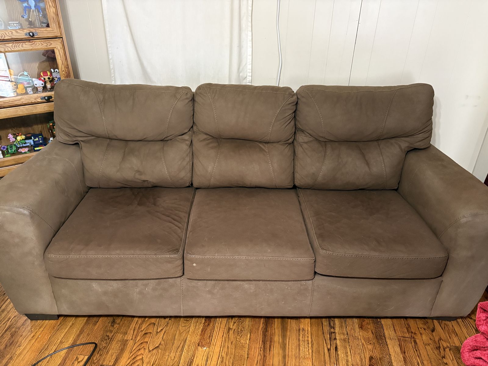 Brown Suede Three-Seater Couch and Loveseat Set - Good Condition