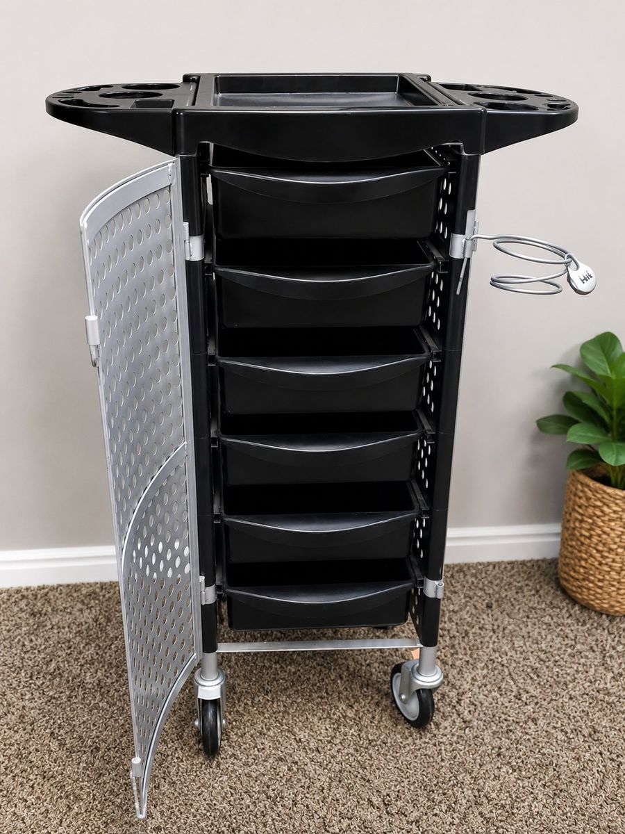 Versatile 6-Drawer Rolling Salon Cart/Trolley with Tool Holders - Black/Silver