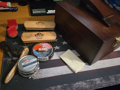 KIWI Shoe Shine Kit Wooden Box with Polishes, Brushes, and Applicators