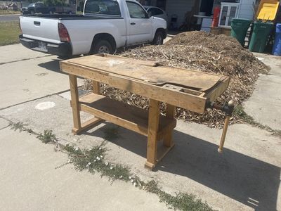 Sturdy Wooden Woodworking Bench with Integrated Wood Vice and Storage Shelf