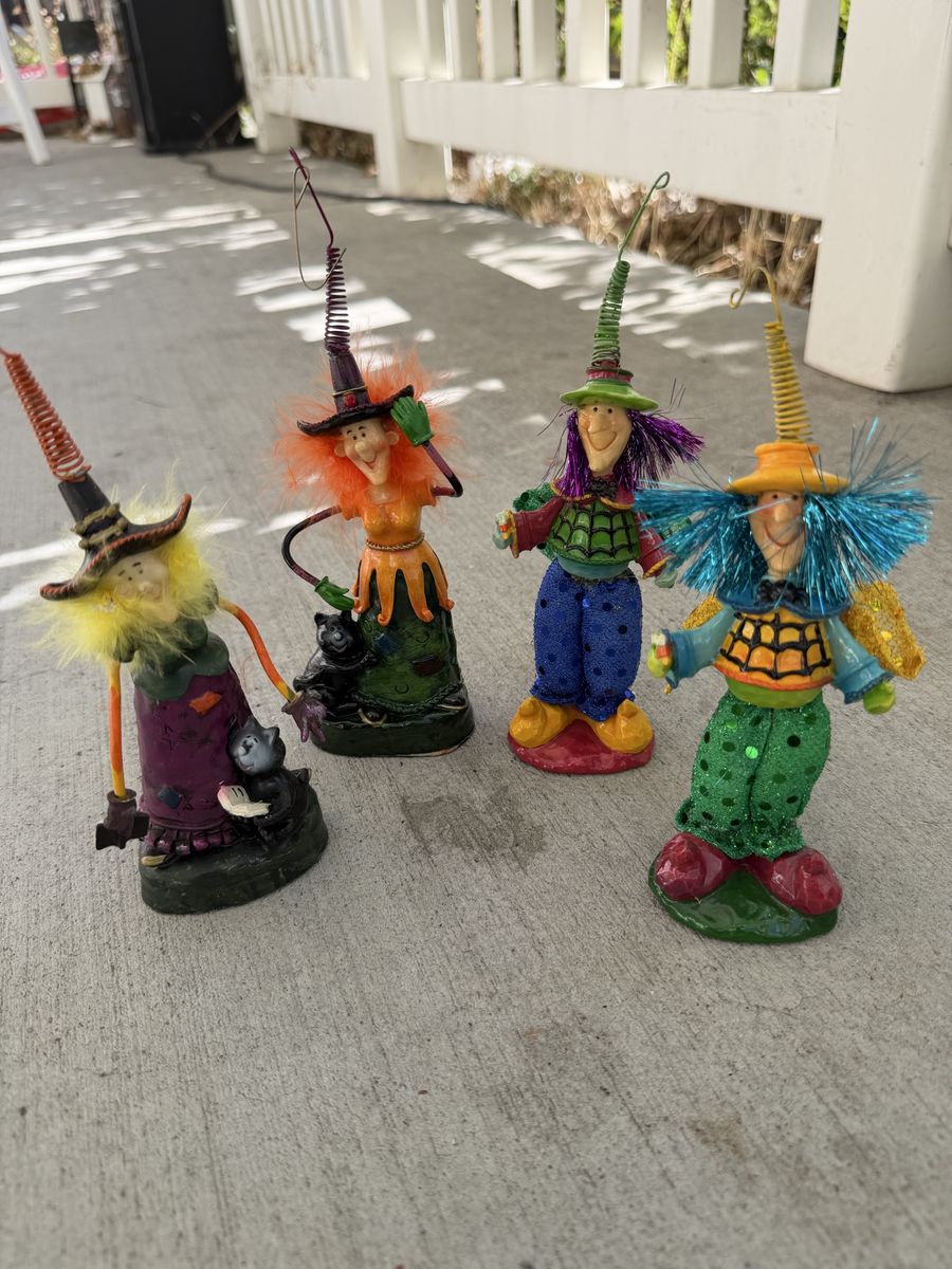 Set of 4 Whimsical Colorful Witch Figurines Halloween Decor