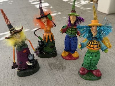 Set of 4 Whimsical Colorful Witch Figurines Halloween Decor