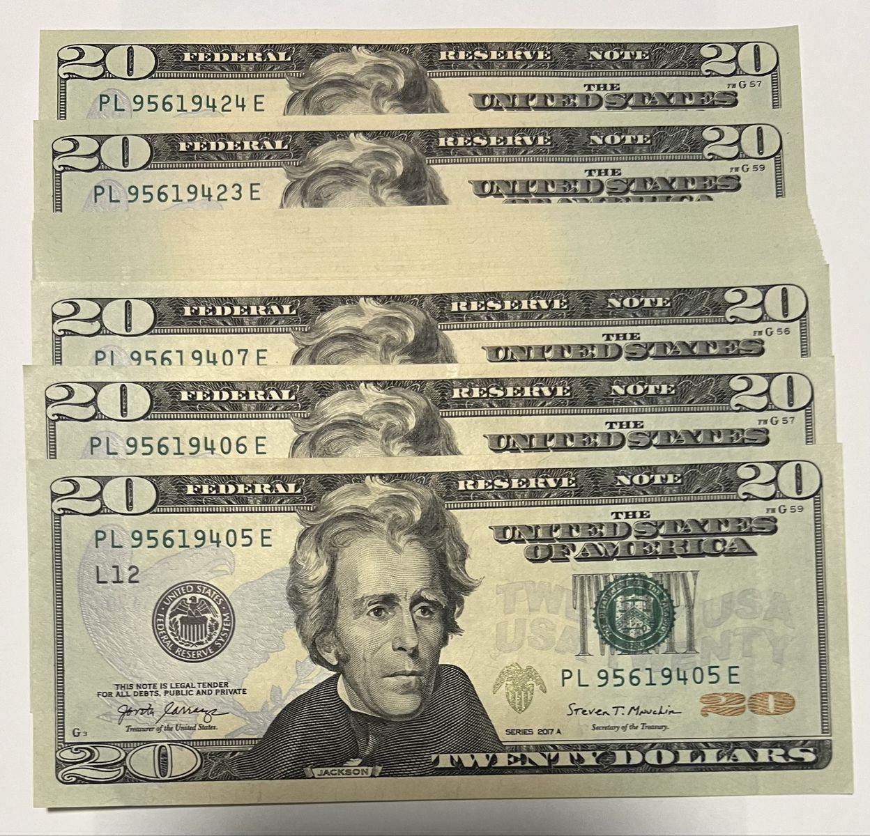 20 Consecutive Uncirculated Crisp $20 bills