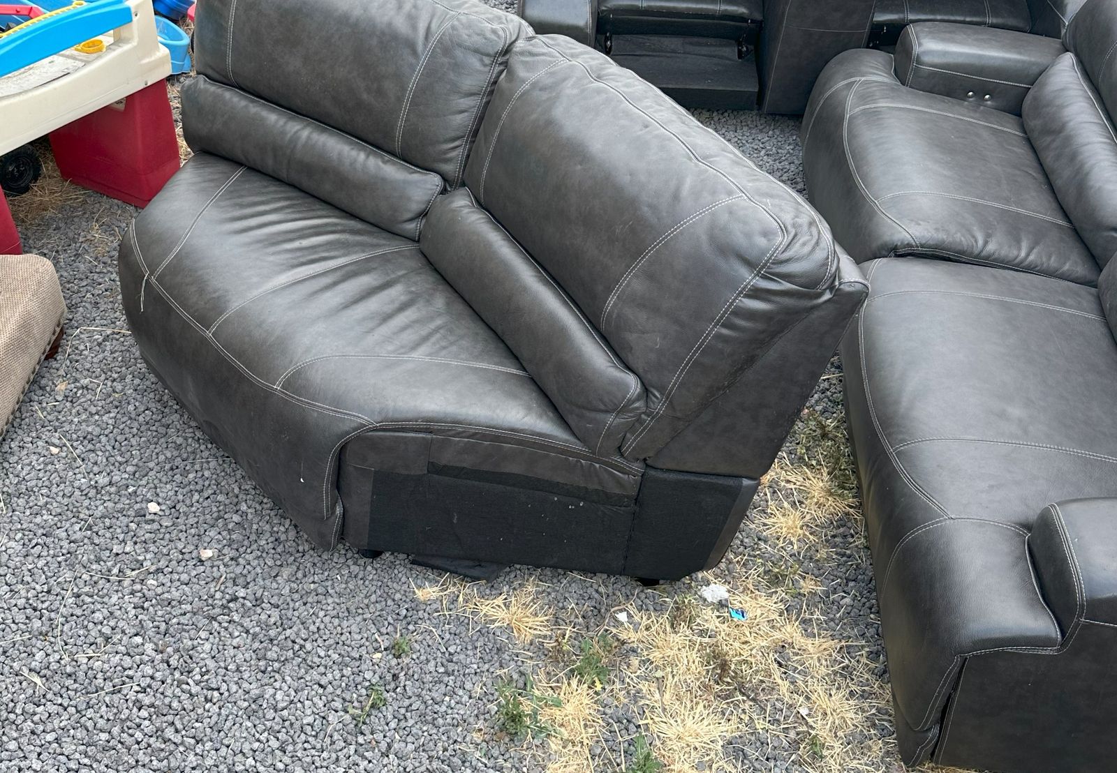 Used Gray Leather Reclining Sectional Sofa w/ Console, Cupholders & Storage