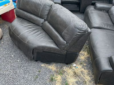 Used Gray Leather Reclining Sectional Sofa w/ Console, Cupholders & Storage