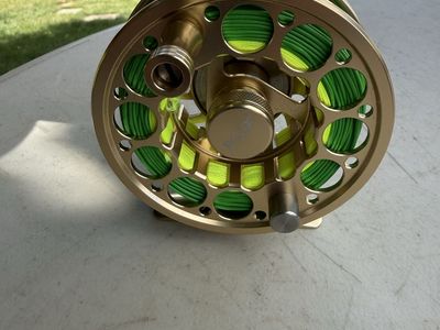 Large Fly Fishing Reel - Gold Tone with Bright Green Line - Excellent Condition