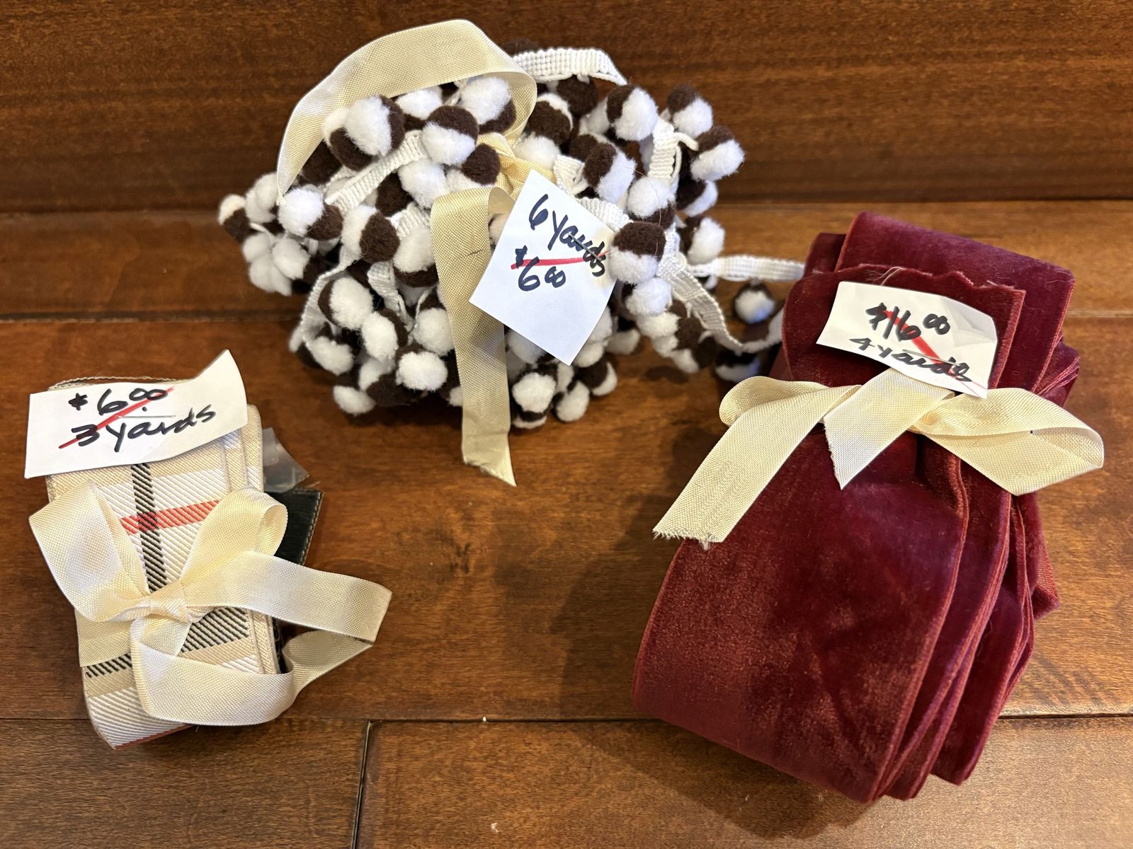 13 Yards of Misc Ribbon - velvet, plaid & pom poms 