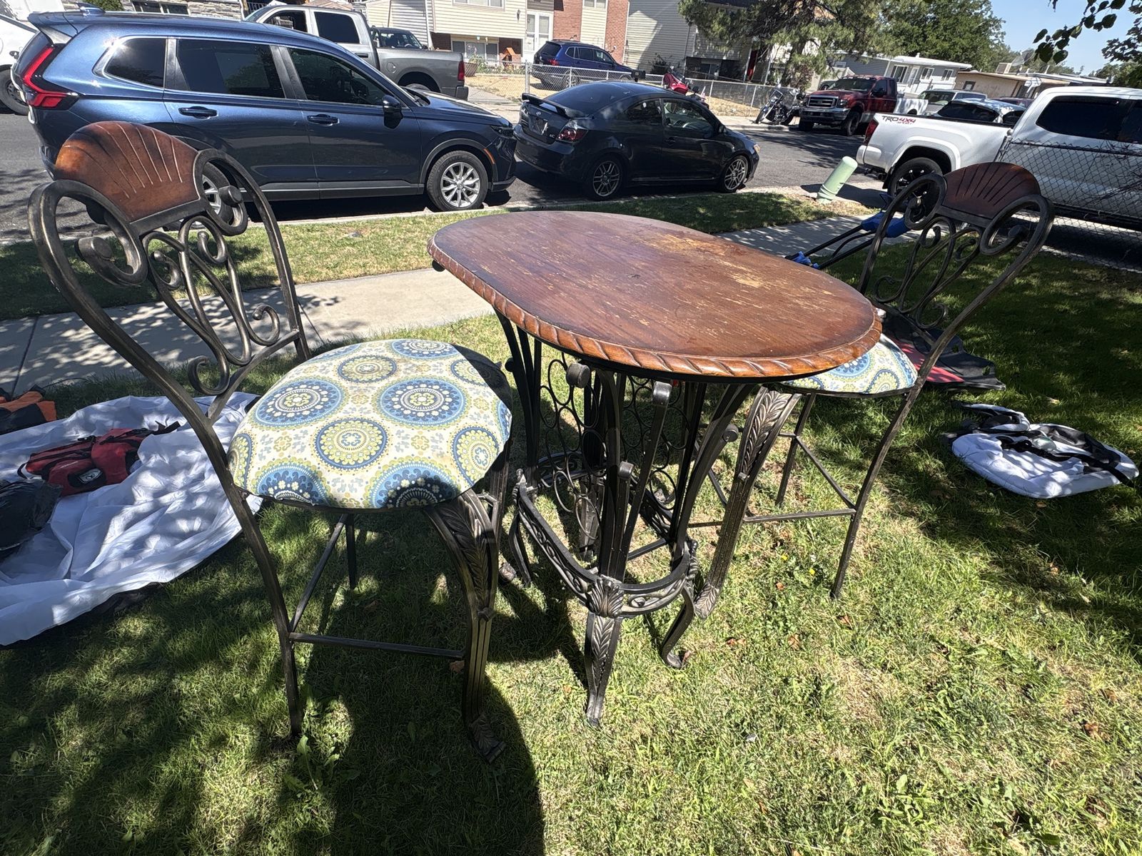 Bistro Style Patio Table & 2 Chairs - Ornate Wrought Iron, Wood Tabletop