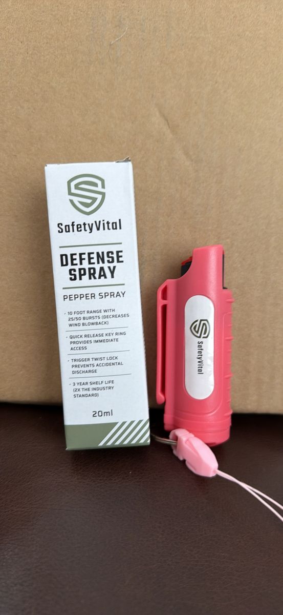 SafetyVital Defense Spray Pepper Spray - 20ml, Pink, 10ft Range, Quick Release Key Ring