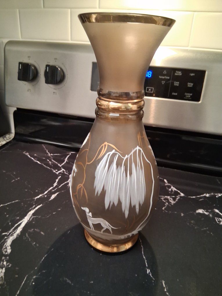 Vintage Frosted Glass Gold & White Hand-Painted Lady & Greyhound Vase, Unique Decor