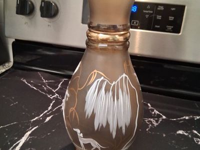 Vintage Frosted Glass Gold & White Hand-Painted Lady & Greyhound Vase, Unique Decor